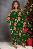 Red White Christmas Tree Snowflakes Santa Claus Print Off Shoulder Long Sleeve Vacation Loose Casual Outing Harem Jumpsuit
