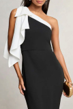 Black Formal Evening Party Prom Bow Tie Side Slit Oblique Collar Floor Length Mermaid Hem Long Bodycon Maxi Dresses