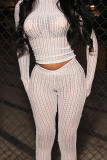 White O Neck Long Sleeve Hollow Out See-Through Mesh Knitted Crop Tops And Skinny Pants Two Pieces Trouser Sets