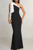 Black Formal Evening Party Prom Bow Tie Side Slit Oblique Collar Floor Length Mermaid Hem Long Bodycon Maxi Dresses