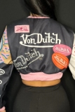Black Casual Letters Evil Eyes Print Zipper Collar Long Sleeve Short Varsity Jackets Coats Outerwear