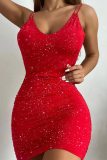 Red Evening Party Gown Backless Spaghetti Strap Wrapped Skirt Ruched Bodycon Glitter Prom Mini Slip Dress