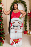 Red Black Christmas Snowman Santa Claus Grinch Print V Neck Long Sleeve Pocket Casual Outing Plus Size Straight Loose Midi Dress