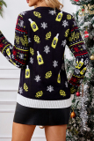 Dark Blue Christmas Contrast Santa Claus Tree Print Round Neck Long Sleeve Fall Winter Knitted Sweater Tops