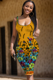 Pink Graphic Print Sleeveless Backless U Neck Casual Outing Fitted Vest Midi Dress