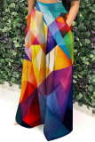 Blue White Casual Geometric Colorblock Print Gradient Pocket Patchwork Loose High Waist Wide Leg Pants Bottoms