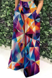 Blue White Casual Geometric Colorblock Print Gradient Pocket Patchwork Loose High Waist Wide Leg Pants Bottoms