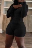 Black Skinny Sportwear Gym Casual Zip up Stand Collar Long Sleeve Jacket and Shorts Two Pieces Sets
