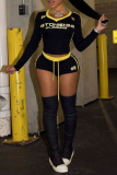 Black Skinny Sportwear Letter Print Contrast V Neck Long Sleeve T-shirts and Drawstring Shorts Two Pieces Sets
