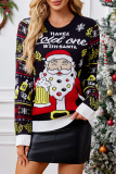 Dark Blue Christmas Contrast Santa Claus Tree Print Round Neck Long Sleeve Fall Winter Knitted Sweater Tops