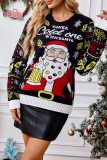 Dark Blue Christmas Contrast Santa Claus Tree Print Round Neck Long Sleeve Fall Winter Knitted Sweater Tops