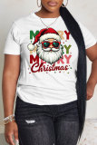 White Red Christmas Casual Santa Claus Letter Print Round Neck Short Sleeve T-Shirts Tops