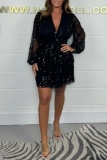 Black Casual Sequin Evening Party Gown V Neck Long Sleeve Lace Layer Glitter Prom Midi Dresses