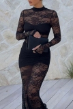 Black Bodycon Sexy Party Club Prom Evening Lace See-Through Half A Turtleneck Long Sleeve Mermadi Maxi Dresses