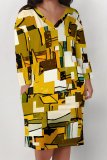 White Graphics Print V Neck Short Sleeve Pockets Casual Straight Loose Midi T-Shirt Dress