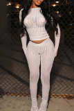 White O Neck Long Sleeve Hollow Out See-Through Mesh Knitted Crop Tops And Skinny Pants Two Pieces Trouser Sets
