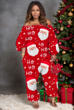Red White Christmas Tree Snowflakes Santa Claus Print Off Shoulder Long Sleeve Vacation Loose Casual Outing Harem Jumpsuit