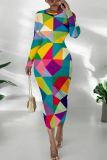 Purple Orange Graphic Letter Print O Neck Long Sleeve Casual Outing Bodycon Pencil Maxi Dress