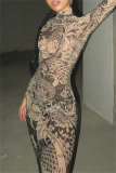 Khaki Sexy Bodycon Casual Fish Print Gauze See-Through Turtleneck Long Sleeve Maxi Dresses