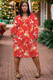 Red Christmas Deer Santa Claus Grinch Print V Neck Long Sleeve Pocket Casual Outing Plus Size Straight Loose Midi Dress