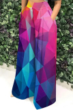 Blue White Casual Geometric Colorblock Print Gradient Pocket Patchwork Loose High Waist Wide Leg Pants Bottoms