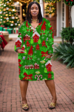 Red Christmas Deer Santa Claus Grinch Print V Neck Long Sleeve Pocket Casual Outing Plus Size Straight Loose Midi Dress
