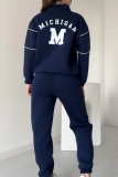 Black Sportwear Letter Zip-up Stand Collar Long Sleeve Sweatshirt and Straight Sweatpants Fall Winter Two Pieces Sweatsuit Sets