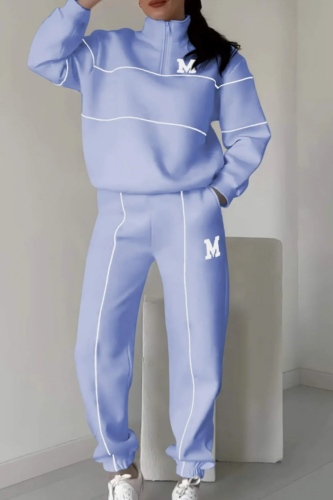 Black Sportwear Letter Zip-up Stand Collar Long Sleeve Sweatshirt and Straight Sweatpants Fall Winter Two Pieces Sweatsuit Sets