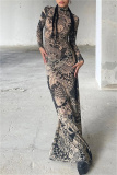 Khaki Sexy Bodycon Casual Fish Print Gauze See-Through Turtleneck Long Sleeve Maxi Dresses