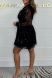 Black Casual Sequin Evening Party Gown V Neck Long Sleeve Lace Layer Glitter Prom Midi Dresses