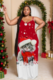 Red Black Christmas Snowman Santa Claus Grinch Print V Neck Long Sleeve Pocket Casual Outing Plus Size Straight Loose Midi Dress