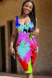 Khaki Graphic Print Sleeveless Backless U Neck Casual Outing Fitted Vest Midi Dress