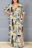 Beige Floral Print V Neck 3/4 Sleeve Lace Up Side High Slit Straight Loose Maxi Dress