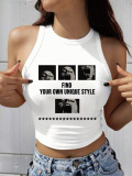 White Skinny Casual Letter Figure Print Round Neck Short Tank Tops Vest