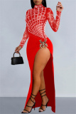 Apricot Hot Drilling Evening Party Gown See-Through Turtleneck Long Sleeve Floor Length Long High Slit Bodycon Glitter Prom Maxi Dress