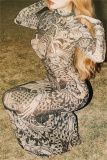 Khaki Sexy Bodycon Casual Fish Print Gauze See-Through Turtleneck Long Sleeve Maxi Dresses