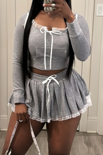 Grey Lace Trim Pocket Strap Design U Neck Long Sleeve  Hoodies and Pleated Skirts Two Pieces Dress Sets