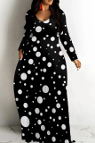 Dark Pink Casual Gradient Dots Print O Neck Long Sleeve Pocket Floor Length Maxi Dresses