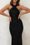 Formal Evening Party Prom Wedding Sequins Backless V Neck Long Bodycon Glitter Prom Halter Maxi Dress