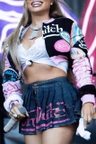 Black Casual Letters Evil Eyes Print Zipper Collar Long Sleeve Short Varsity Jackets Coats Outerwear