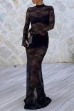 Black Bodycon Sexy Party Club Prom Evening Lace See-Through Half A Turtleneck Long Sleeve Mermadi Maxi Dresses