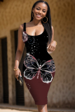 Pink Graphic Print Sleeveless Backless U Neck Casual Outing Fitted Vest Midi Dress