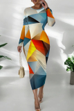 Purple Orange Graphic Letter Print O Neck Long Sleeve Casual Outing Bodycon Pencil Maxi Dress