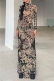 Khaki Sexy Bodycon Casual Fish Print Gauze See-Through Turtleneck Long Sleeve Maxi Dresses