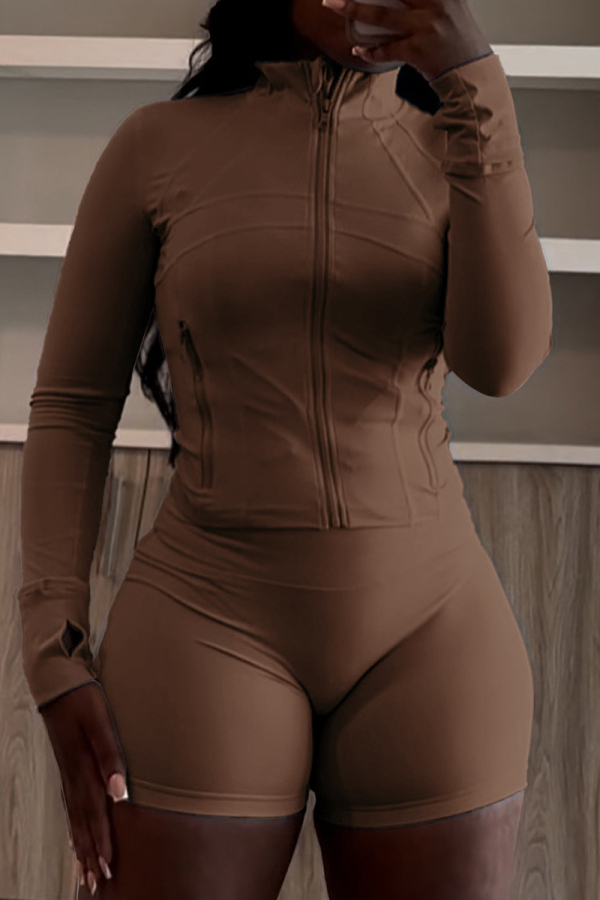 Black Skinny Sportwear Gym Casual Zip up Stand Collar Long Sleeve Jacket and Shorts Two Pieces Sets