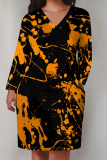 White Graphics Print V Neck Short Sleeve Pockets Casual Straight Loose Midi T-Shirt Dress