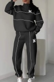 Black Sportwear Letter Zip-up Stand Collar Long Sleeve Sweatshirt and Straight Sweatpants Fall Winter Two Pieces Sweatsuit Sets