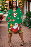 Green Christmas Snowman Santa Claus Grinch Print V Neck Long Sleeve Pocket Casual Outing Plus Size Straight Loose Midi Dress