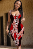 Khaki Graphic Print Sleeveless Backless U Neck Casual Outing Fitted Vest Midi Dress
