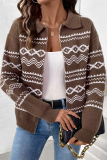 Brown Casual Colorblock Zipper Weave Contrast Turndown Collar Long Sleeve Fall Winter Knitted Fair Isle Sweater Jacket Coats